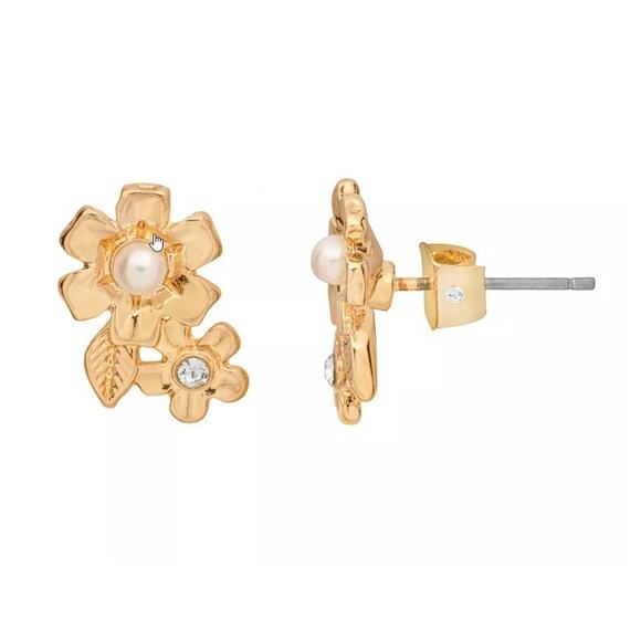 NEW LC Lauren Conrad Gold Tone Floral Cluster Faux Pearl Jeweled Stud Earrings - Picture 3 of 4